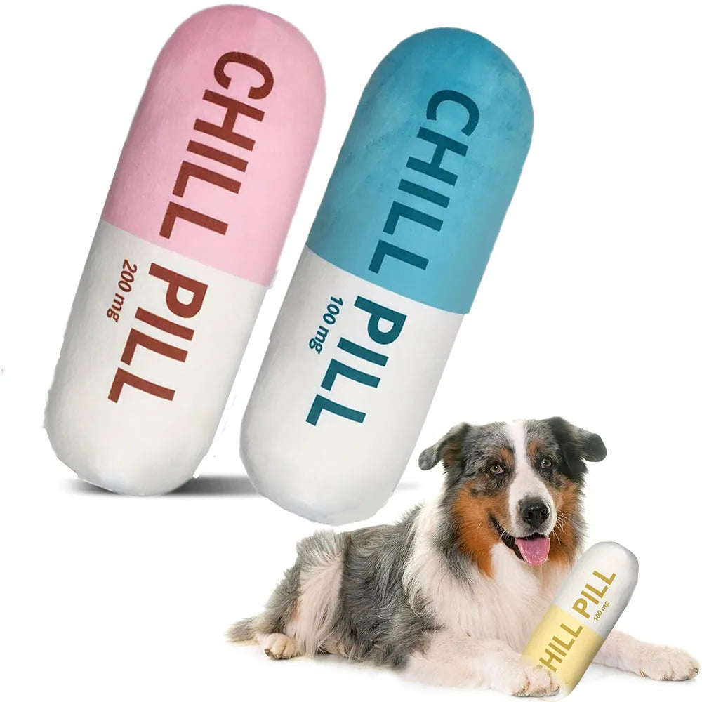 Vocal pet plush toy chill pill Capsule shape plush dog toy Vocal double fabric bite resistant printed pet toy built-in vocal BB